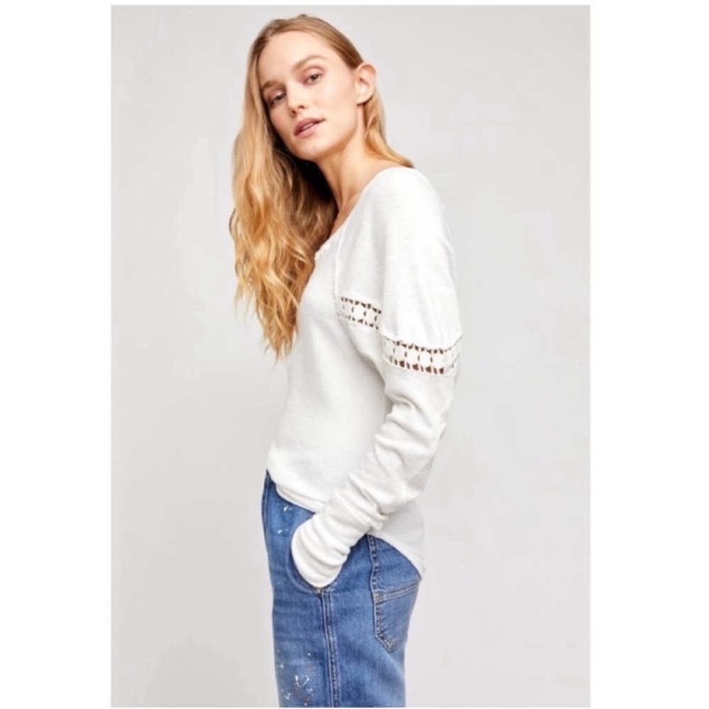 Free People White Luella Textured Thermal Top long sleeve eyelet peasant boho S